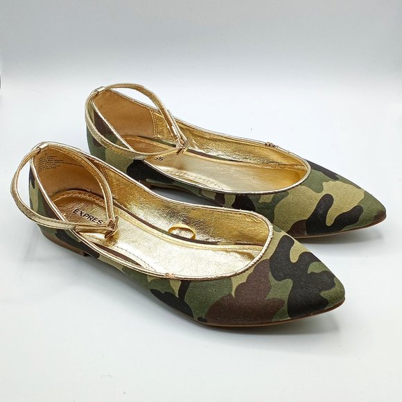 Express Camo & Gold Ankle Strap Flats - Picture 1 of 9